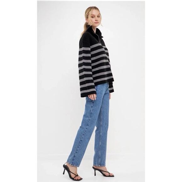 English Factory STRIPED HALF-ZIP SWEATER Grey/black Womens Sz XS NEW - Picture 3 of 15